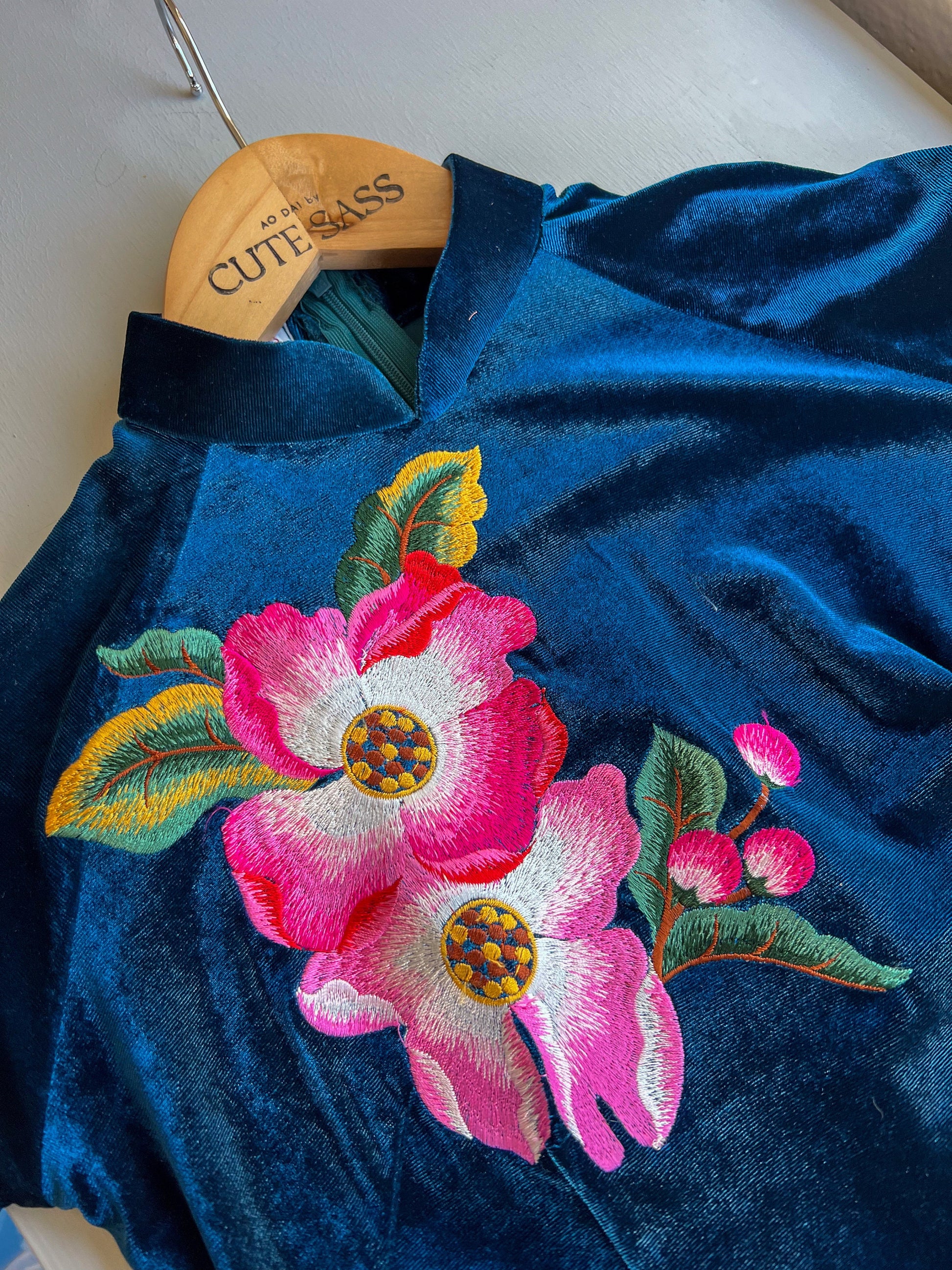 Prussian Blue Embroidery Velvet Ao Dai Top Only, NO PANTS