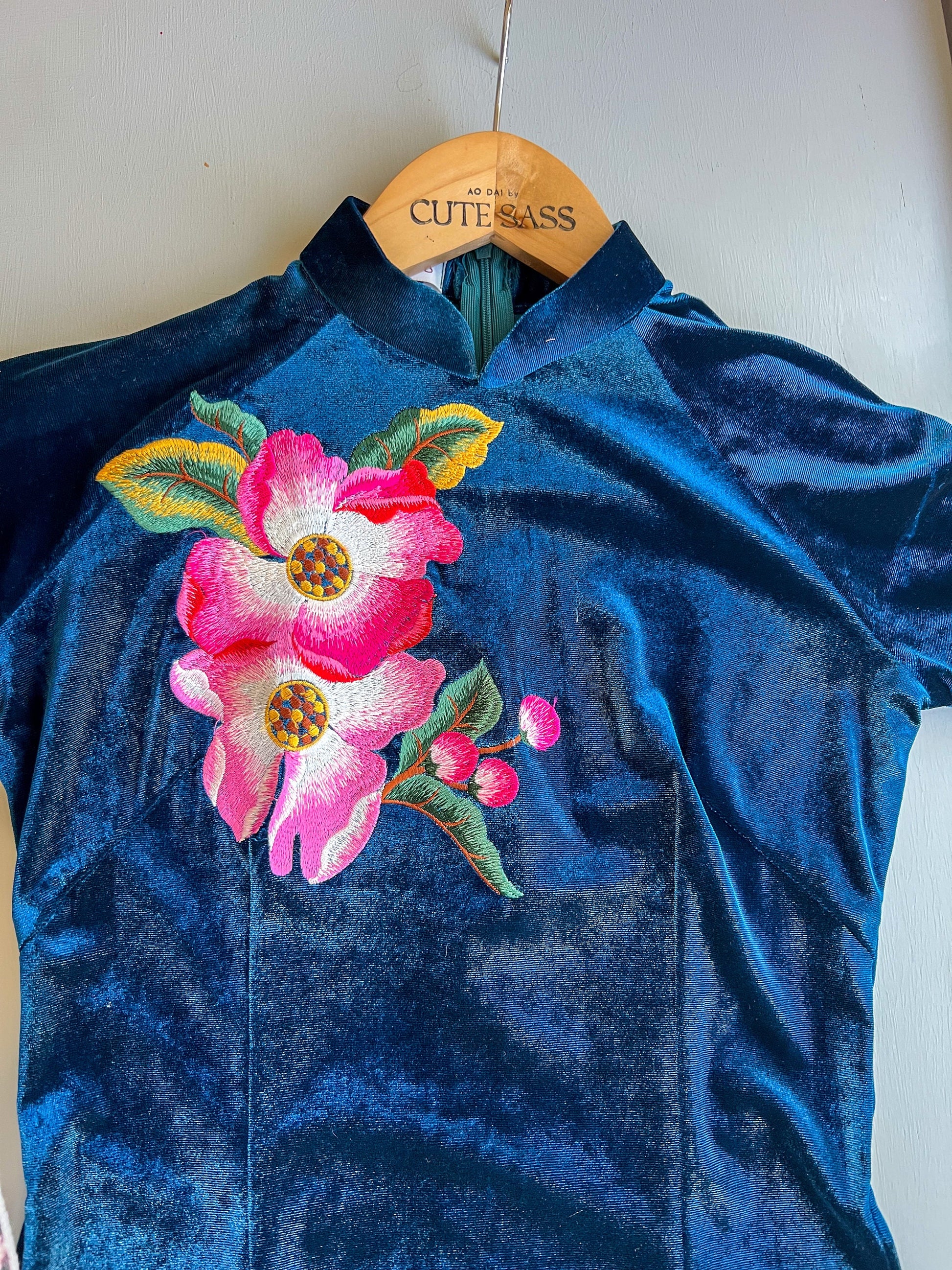 Prussian Blue Embroidery Velvet Ao Dai Top Only, NO PANTS
