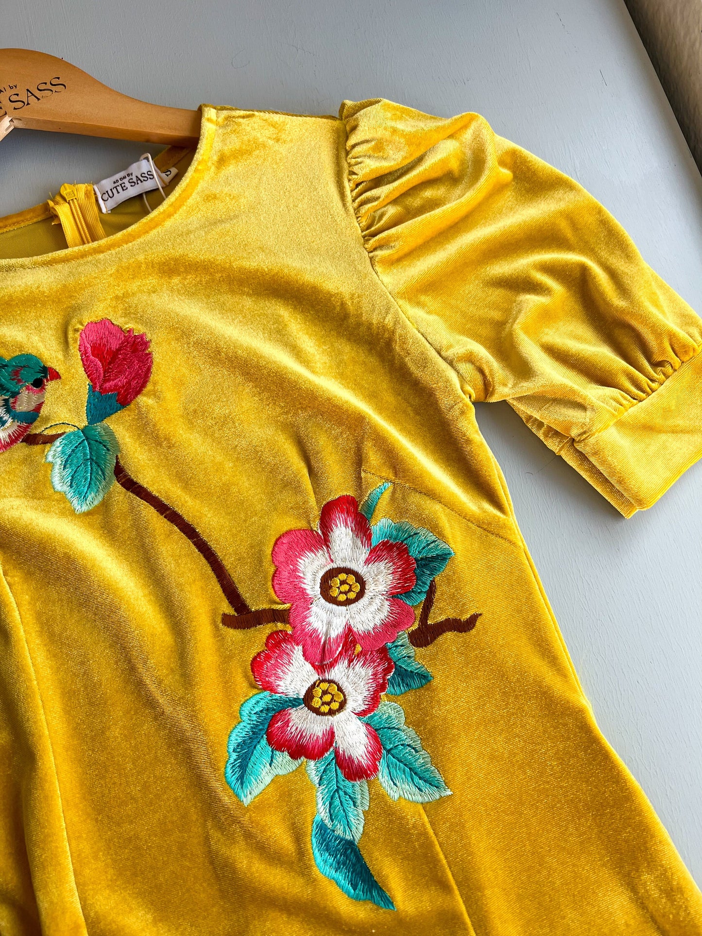 Yellow Puffy Sleeves Embroidery Velvet Ao Dai Top Only, NO PANTS
