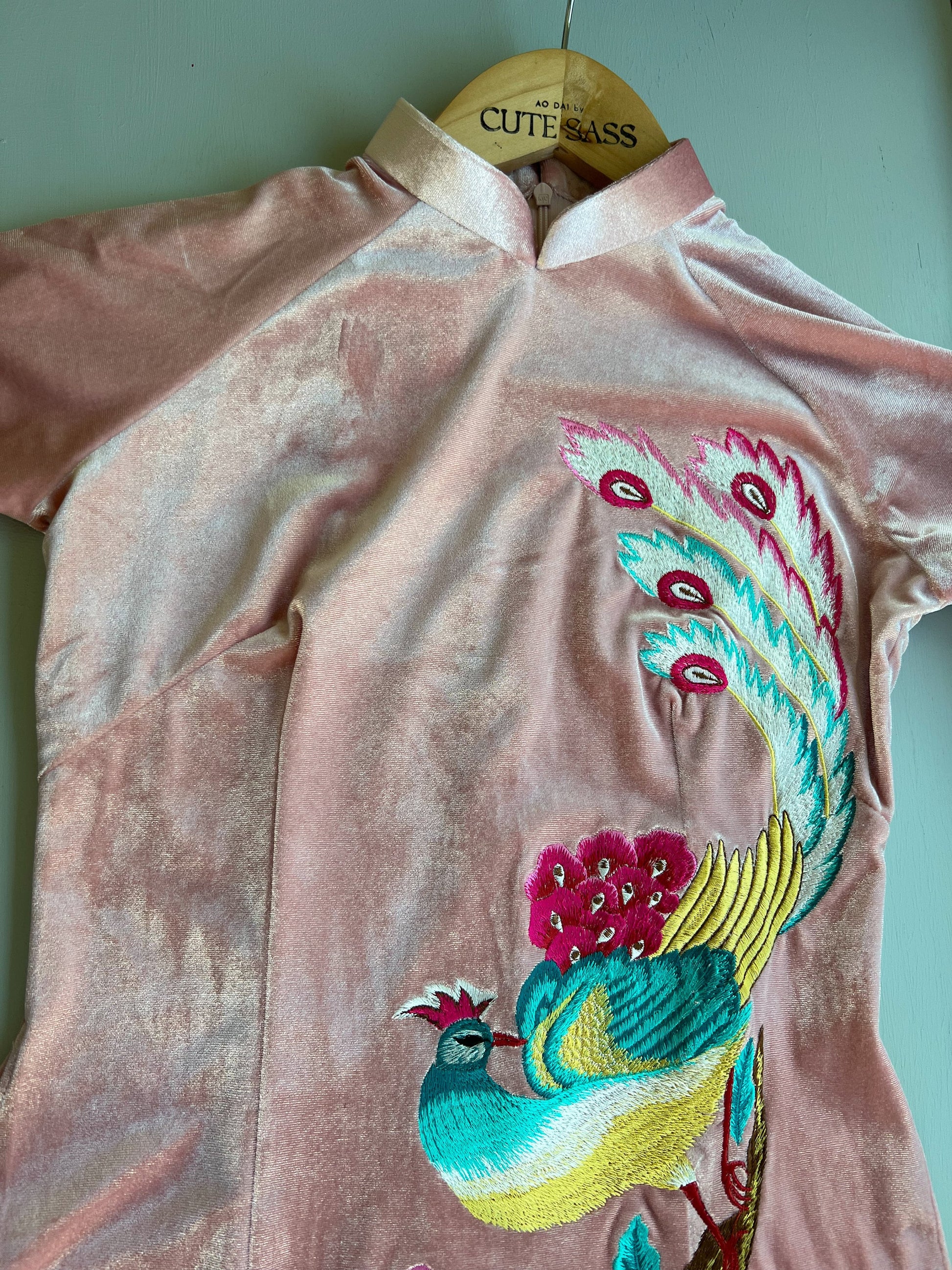 Light Pink Embroidery Velvet Ao Dai Top Only, NO PANTS