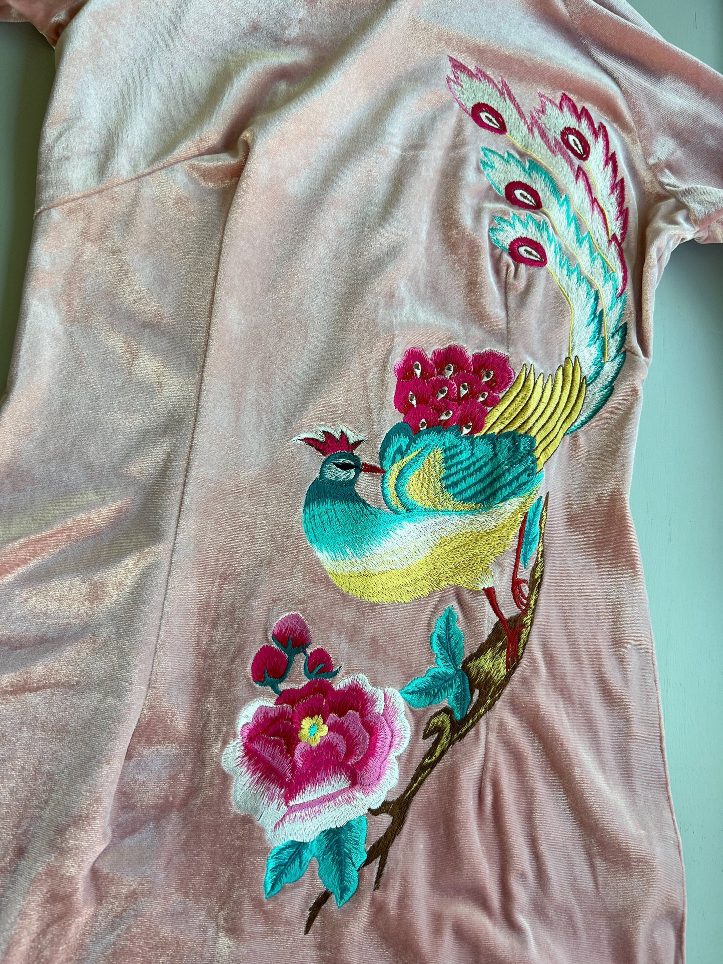 Light Pink Embroidery Velvet Ao Dai Top Only, NO PANTS