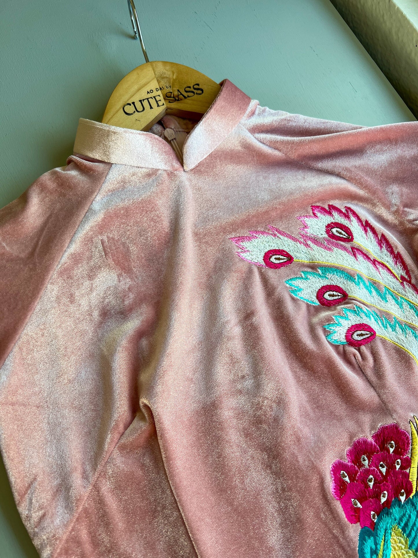 Light Pink Embroidery Velvet Ao Dai Top Only, NO PANTS