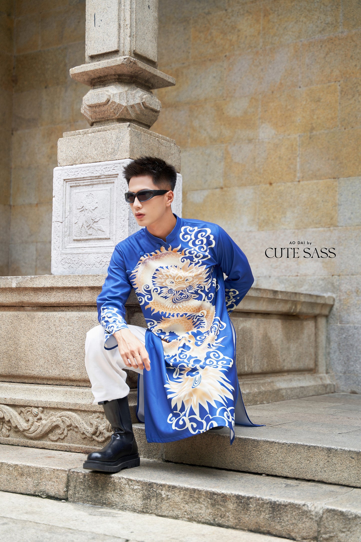 Men Red/Blue Printed Dragon Ao Dai Set