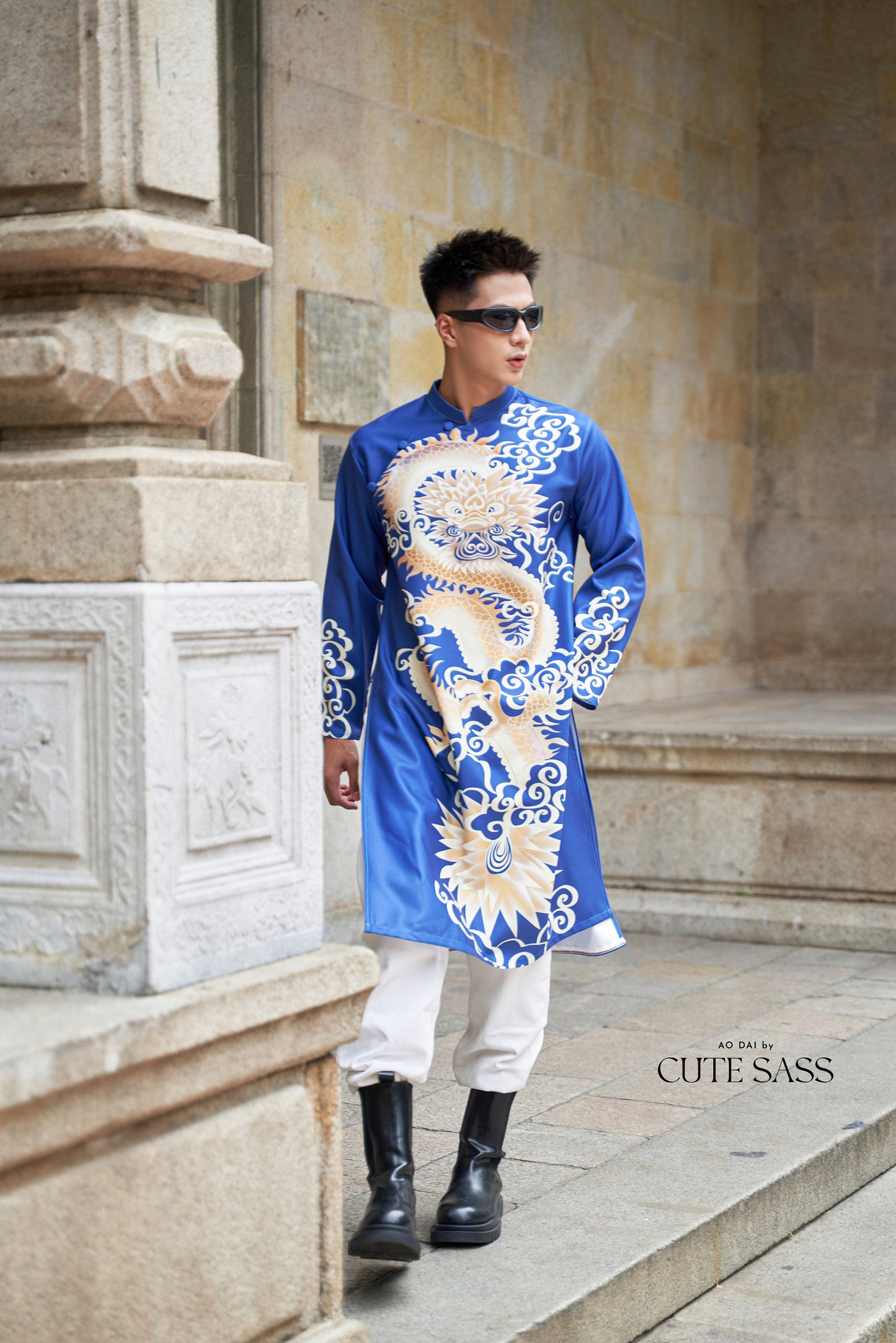 Men Red/Blue Printed Dragon Ao Dai Set