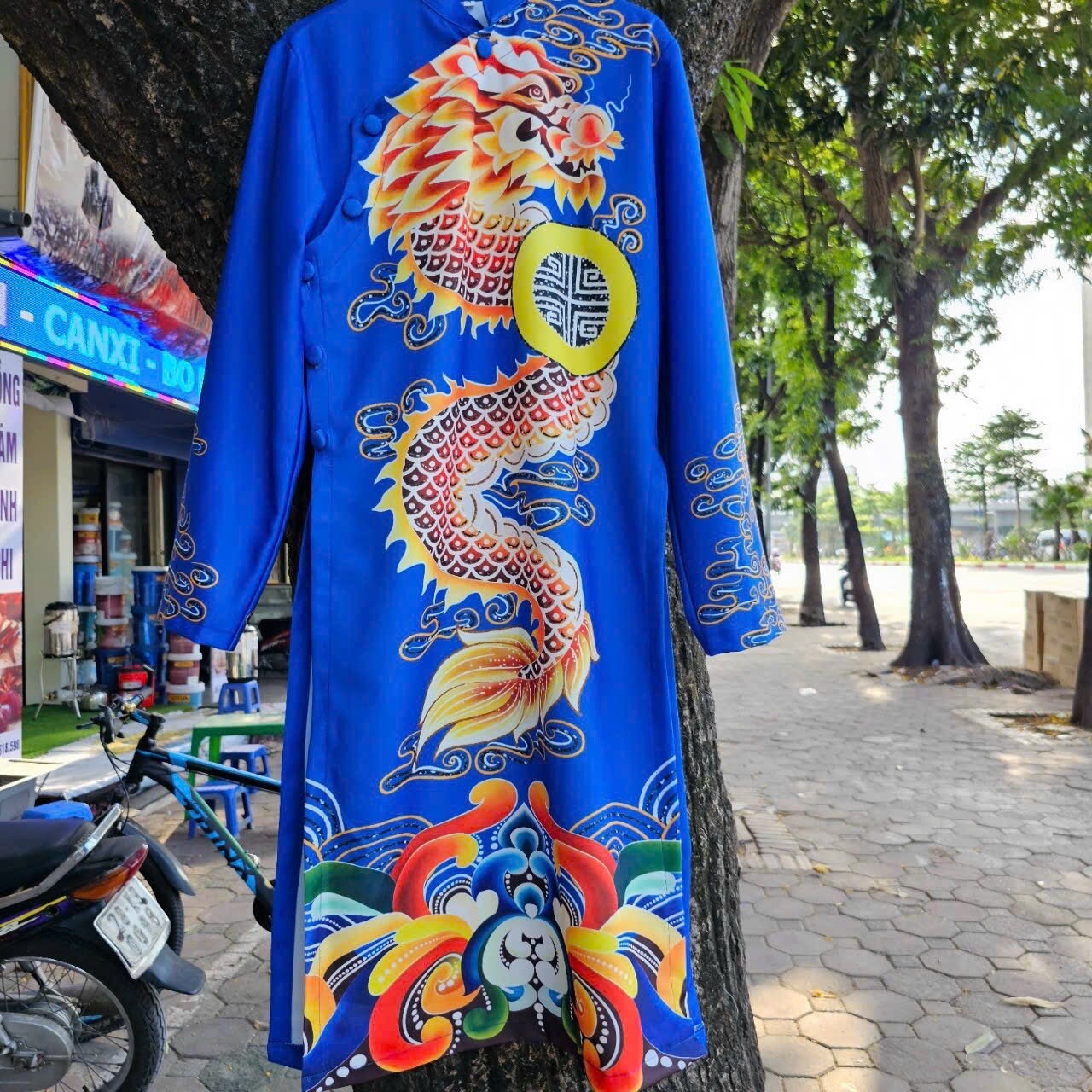 Men Red/Blue Printed Dragon Ao Dai Set