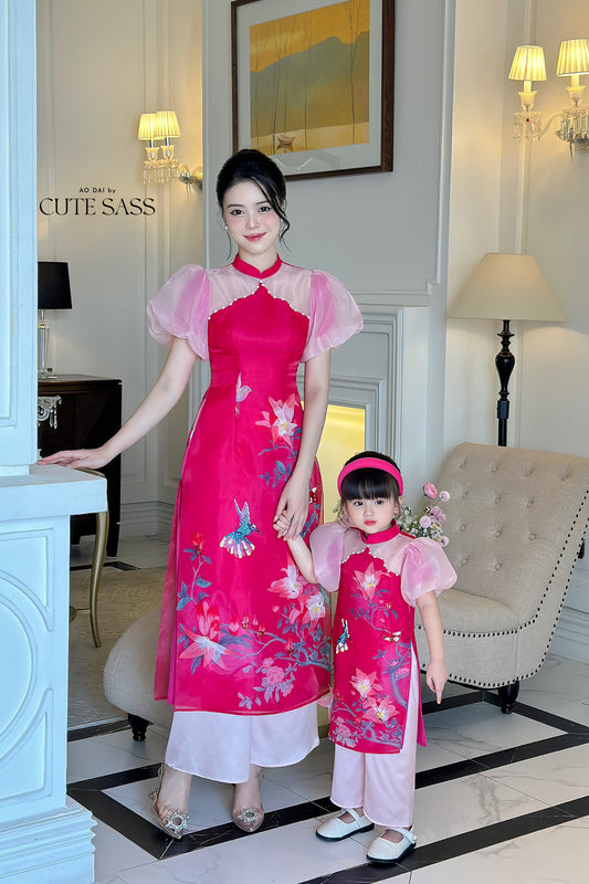 Mom and Daughter Hot Pink Pearls Ao Dai Set| Pre-made Traditional Vietnamese Ao Dai | Lunar New Year | Ao Dai for Girl, Mom|