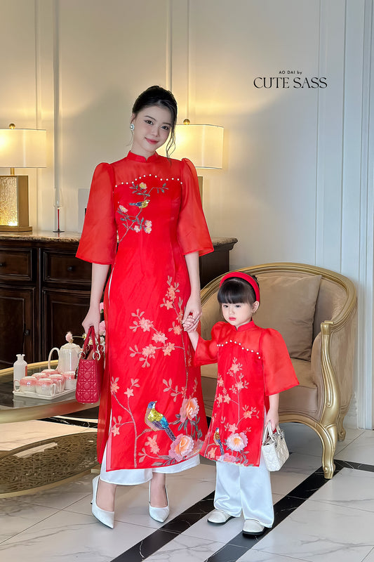 Mom and Daughter Red Pearls Ao Dai Set| Pre-made Traditional Vietnamese Ao Dai | Lunar New Year | Ao Dai for Girl, Mom|