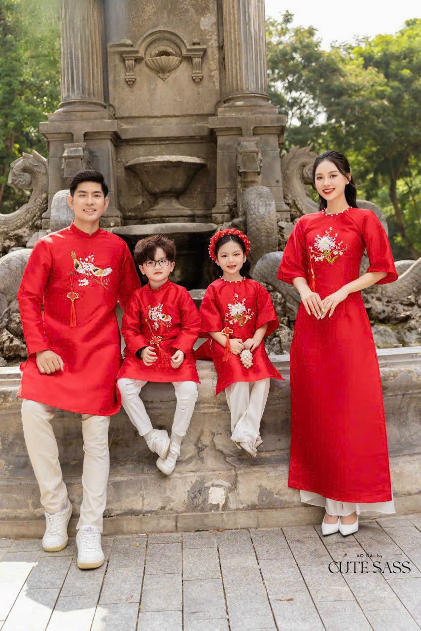 Family Red Ribbon Ao Dai Set (No Headband)| Pre-made Vietnamese Ao Dai| Lunar New Year | Ao Dai for Girl, Mom, Dad, Boy | Ao Dai Tet|