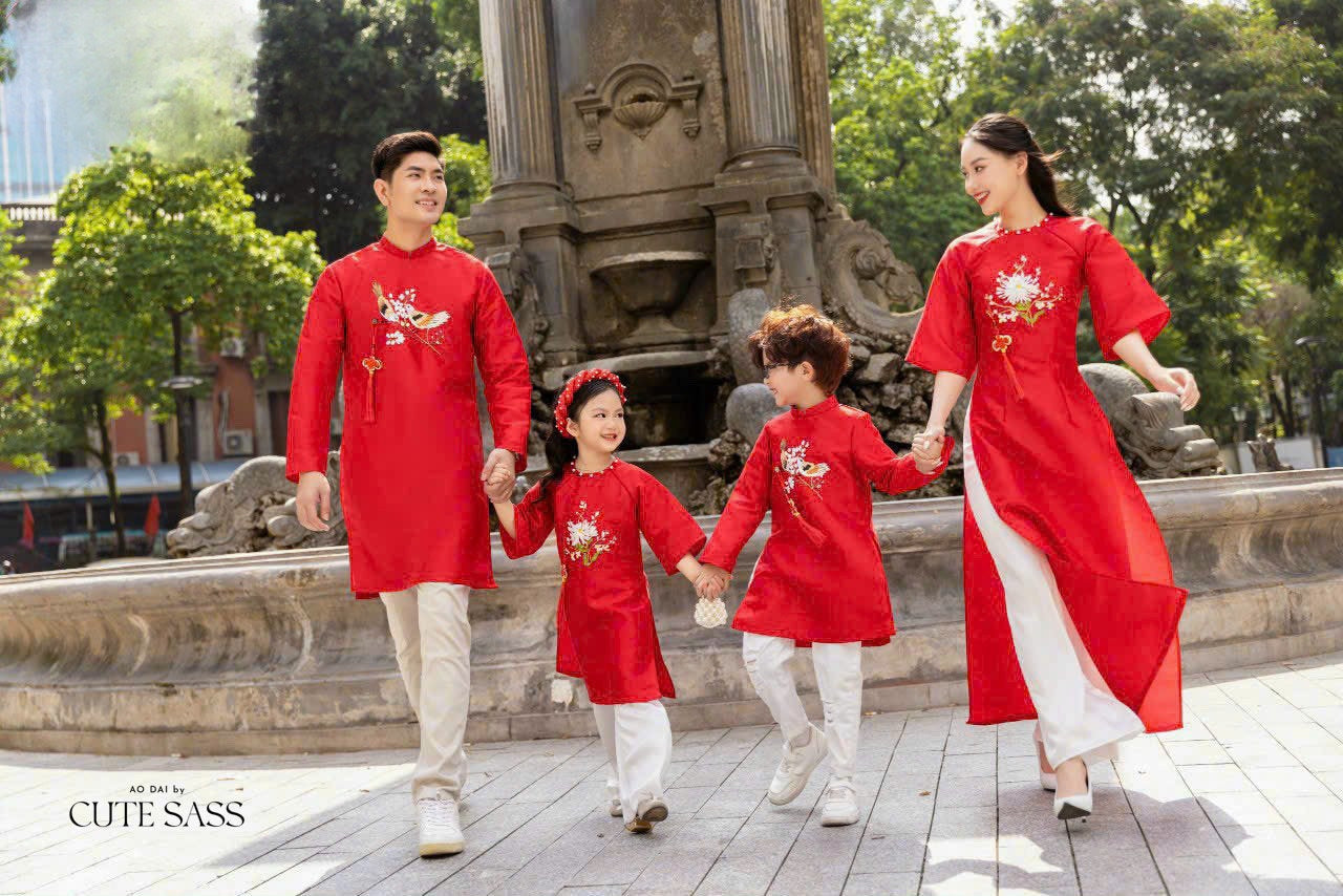 Family Red Ribbon Ao Dai Set (No Headband)| Pre-made Vietnamese Ao Dai| Lunar New Year | Ao Dai for Girl, Mom, Dad, Boy | Ao Dai Tet|