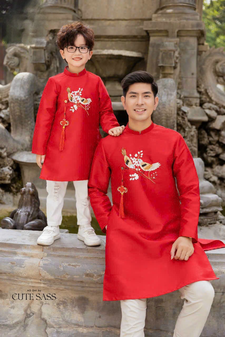 Family Red Ribbon Ao Dai Set (No Headband)| Pre-made Vietnamese Ao Dai| Lunar New Year | Ao Dai for Girl, Mom, Dad, Boy | Ao Dai Tet|