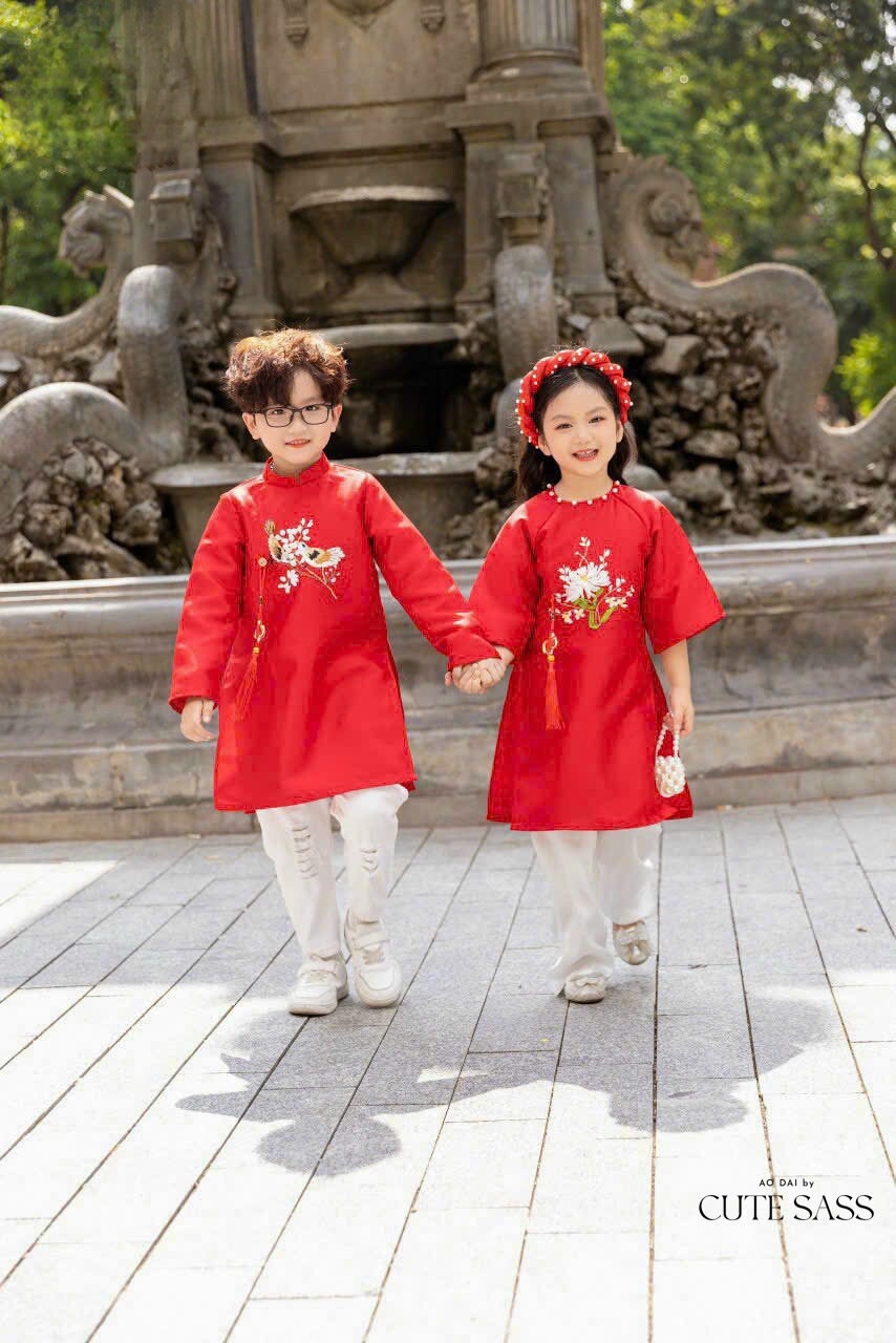 Family Red Ribbon Ao Dai Set (No Headband)| Pre-made Vietnamese Ao Dai| Lunar New Year | Ao Dai for Girl, Mom, Dad, Boy | Ao Dai Tet|