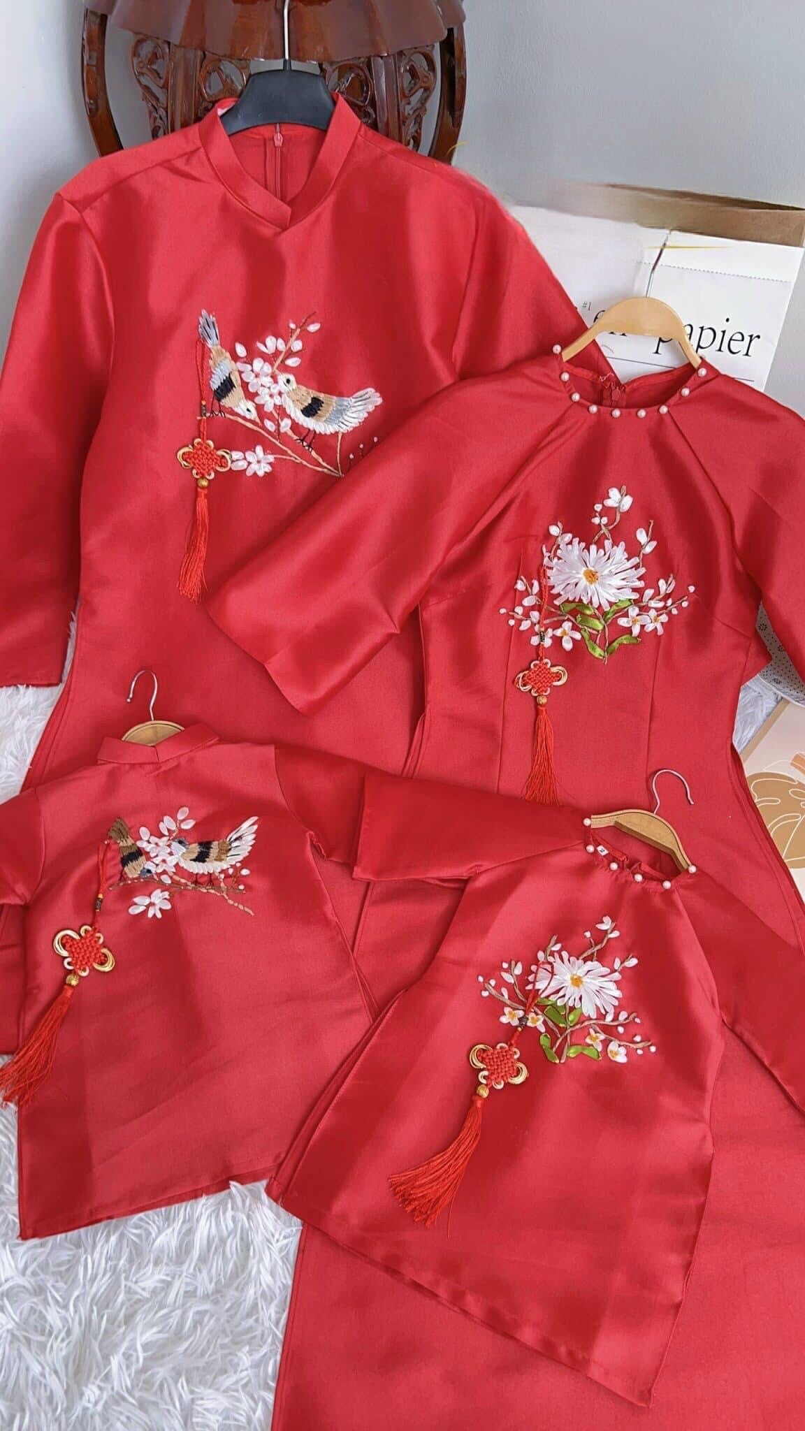 Family Red Ribbon Ao Dai Set (No Headband)| Pre-made Vietnamese Ao Dai| Lunar New Year | Ao Dai for Girl, Mom, Dad, Boy | Ao Dai Tet|