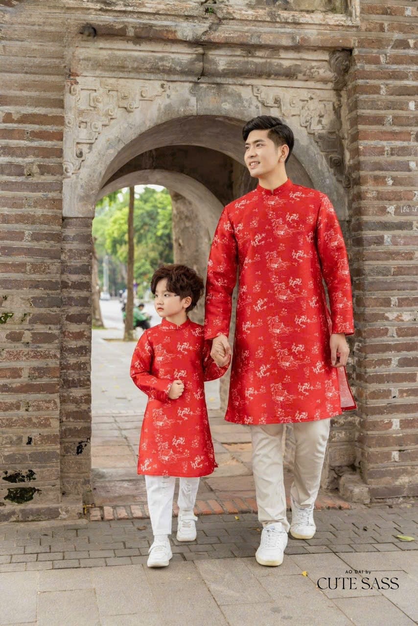 Men and Boy Red Printed Dragon Ao Dai Top | Pre-made Vietnamese Ao Dai| Lunar New Year | Ao Dai for Girl, Mom, Dad, Boy | Ao Dai Tet|M4