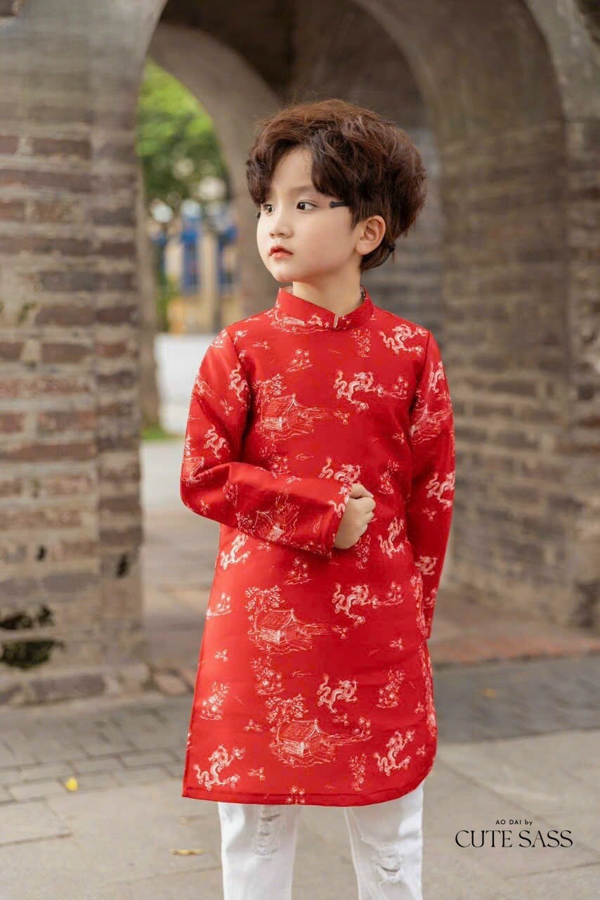 Men and Boy Red Printed Dragon Ao Dai Top | Pre-made Vietnamese Ao Dai| Lunar New Year | Ao Dai for Girl, Mom, Dad, Boy | Ao Dai Tet|M4