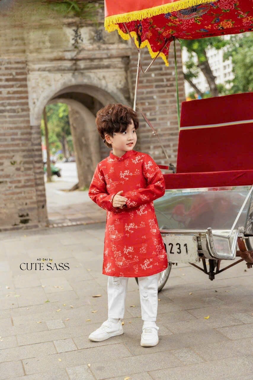 Men and Boy Red Printed Dragon Ao Dai Top | Pre-made Vietnamese Ao Dai| Lunar New Year | Ao Dai for Girl, Mom, Dad, Boy | Ao Dai Tet|M4