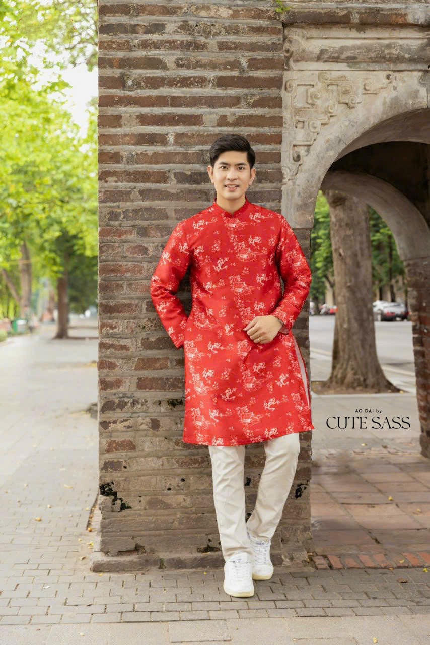 Men and Boy Red Printed Dragon Ao Dai Top | Pre-made Vietnamese Ao Dai| Lunar New Year | Ao Dai for Girl, Mom, Dad, Boy | Ao Dai Tet|M4