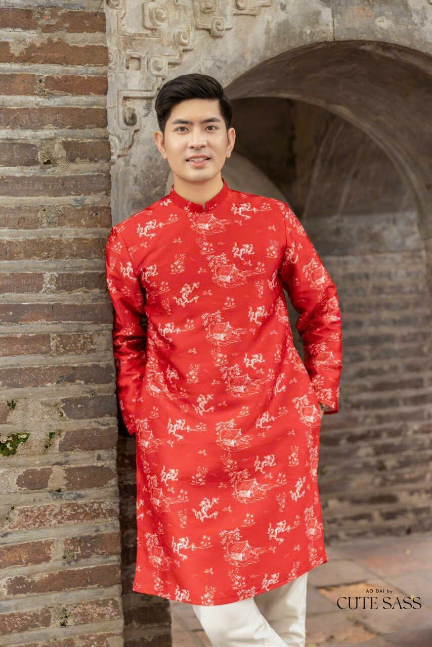 Men and Boy Red Printed Dragon Ao Dai Top | Pre-made Vietnamese Ao Dai| Lunar New Year | Ao Dai for Girl, Mom, Dad, Boy | Ao Dai Tet|M4