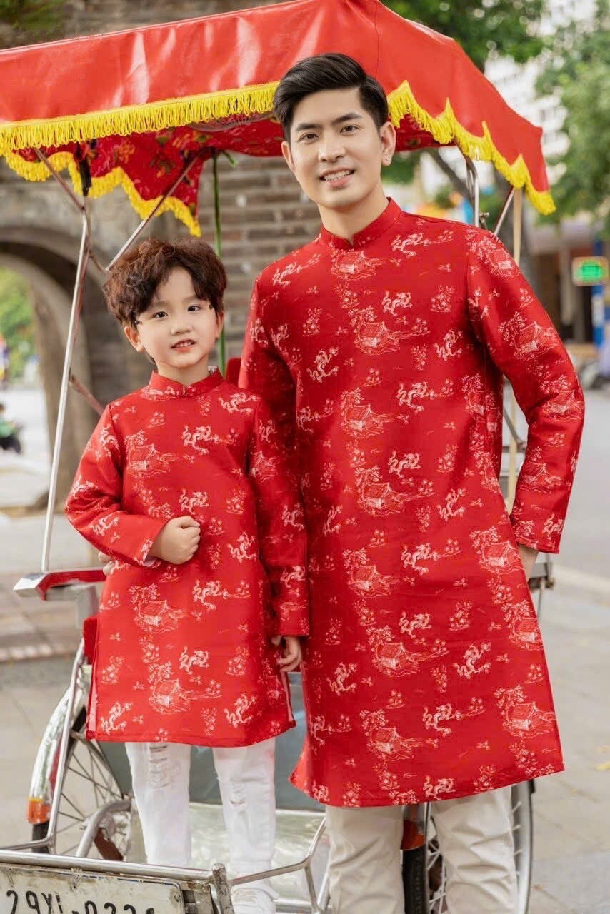 Men and Boy Red Printed Dragon Ao Dai Top | Pre-made Vietnamese Ao Dai| Lunar New Year | Ao Dai for Girl, Mom, Dad, Boy | Ao Dai Tet|M4