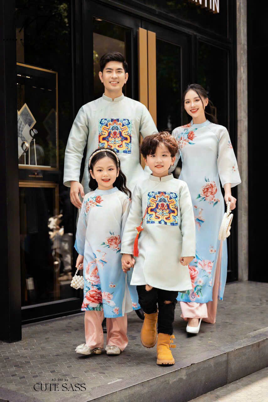 Family Printed Blue Ao Dai Set | Pre-made Vietnamese Ao Dai| Lunar New Year | Ao Dai for Girl, Mom, Dad, Boy | Ao Dai Tet|