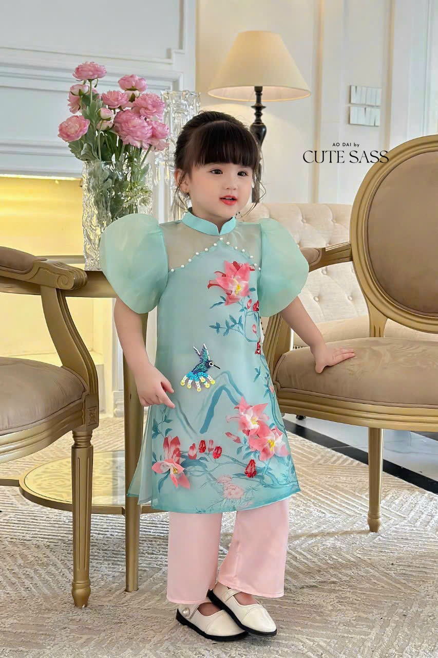 Mom and Daughter Blue Pearls Ao Dai Set| Pre-made Traditional Vietnamese Ao Dai | Lunar New Year | Ao Dai for Girl, Mom|
