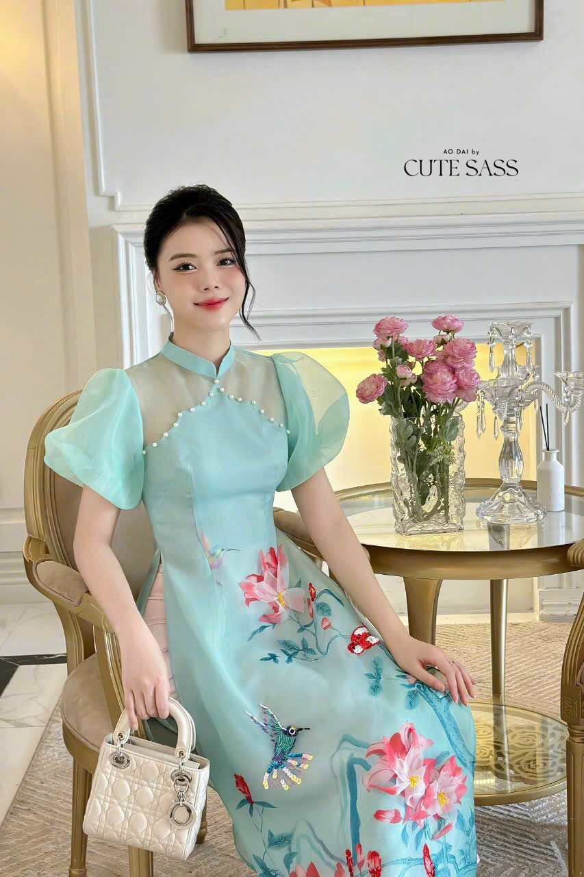 Mom and Daughter Blue Pearls Ao Dai Set| Pre-made Traditional Vietnamese Ao Dai | Lunar New Year | Ao Dai for Girl, Mom|