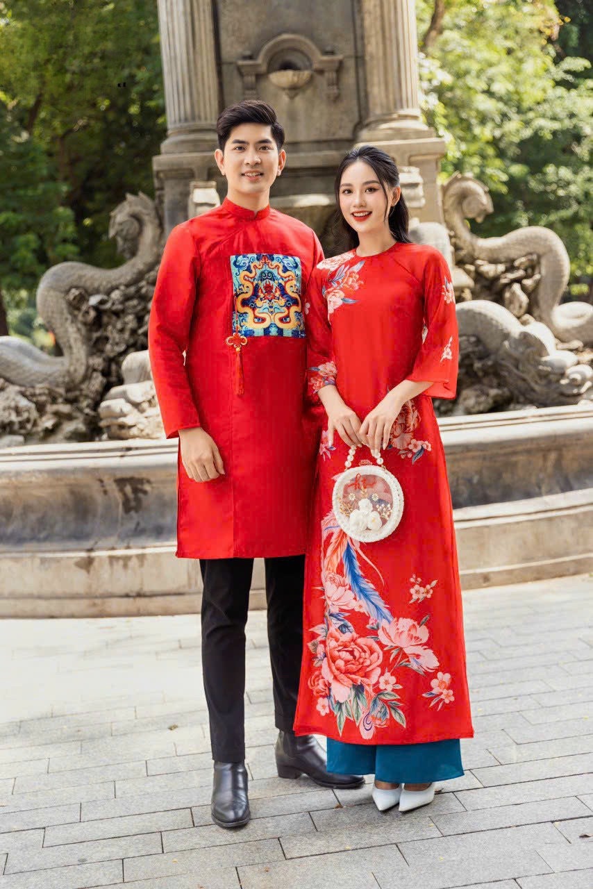 Family Printed Red Ao Dai Set | Pre-made Vietnamese Ao Dai| Lunar New Year | Ao Dai for Girl, Mom, Dad, Boy | Ao Dai Tet|M