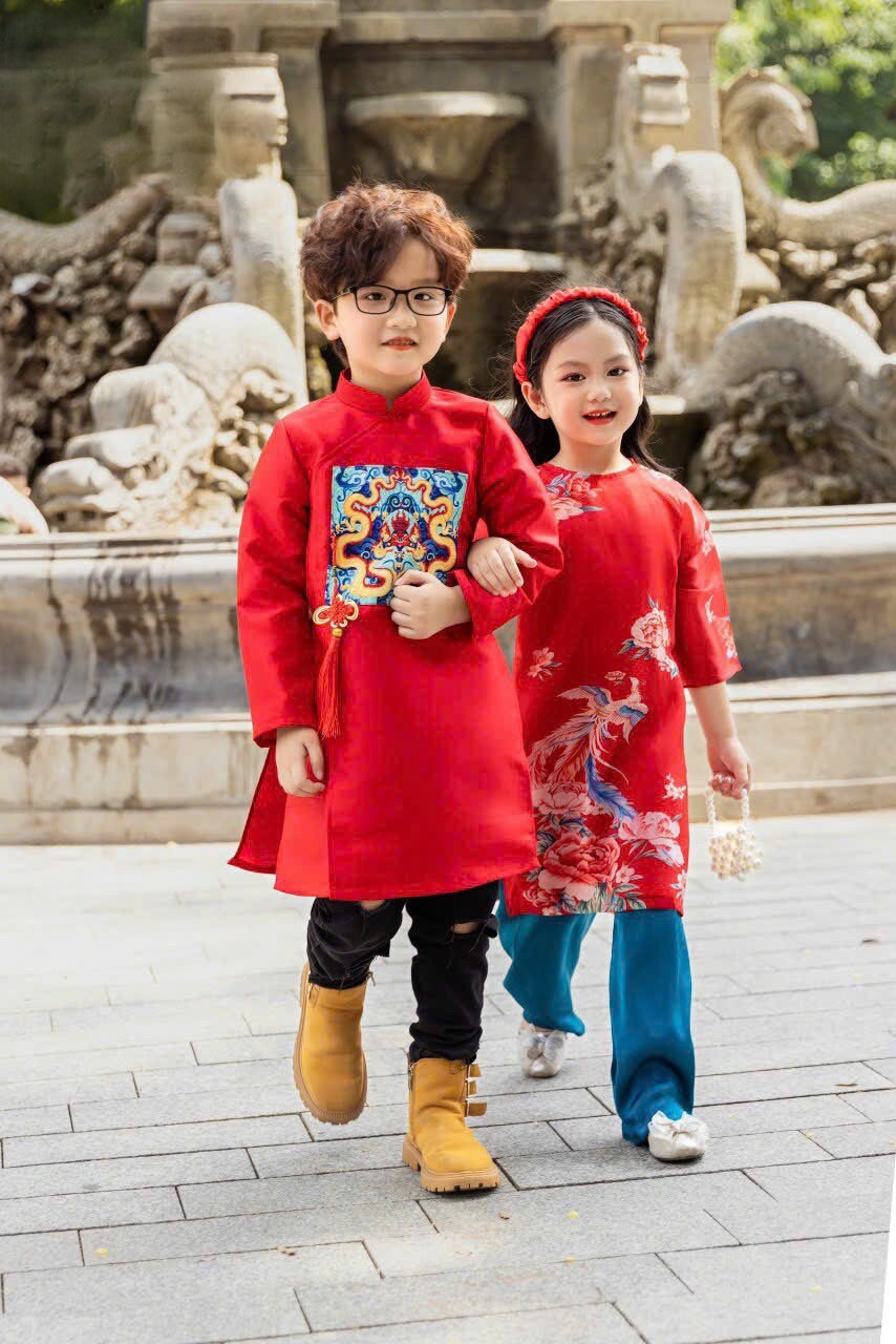 Family Printed Red Ao Dai Set | Pre-made Vietnamese Ao Dai| Lunar New Year | Ao Dai for Girl, Mom, Dad, Boy | Ao Dai Tet|M