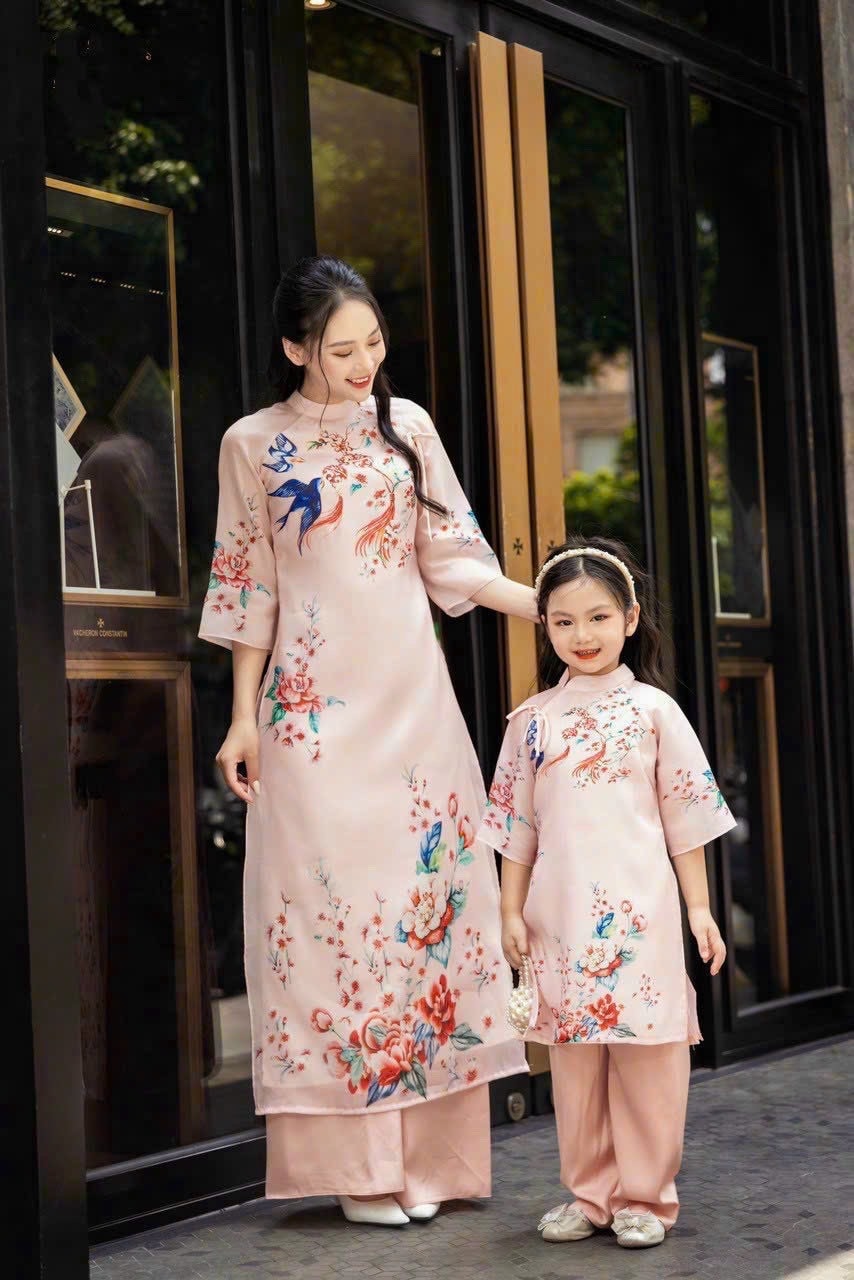 Mom and Daughter Pink Printed Ao Dai Set| Pre-made Traditional Vietnamese Ao Dai| Lunar New Year | Ao Dai for Girl, Mom |Ao Dai Tet|I4
