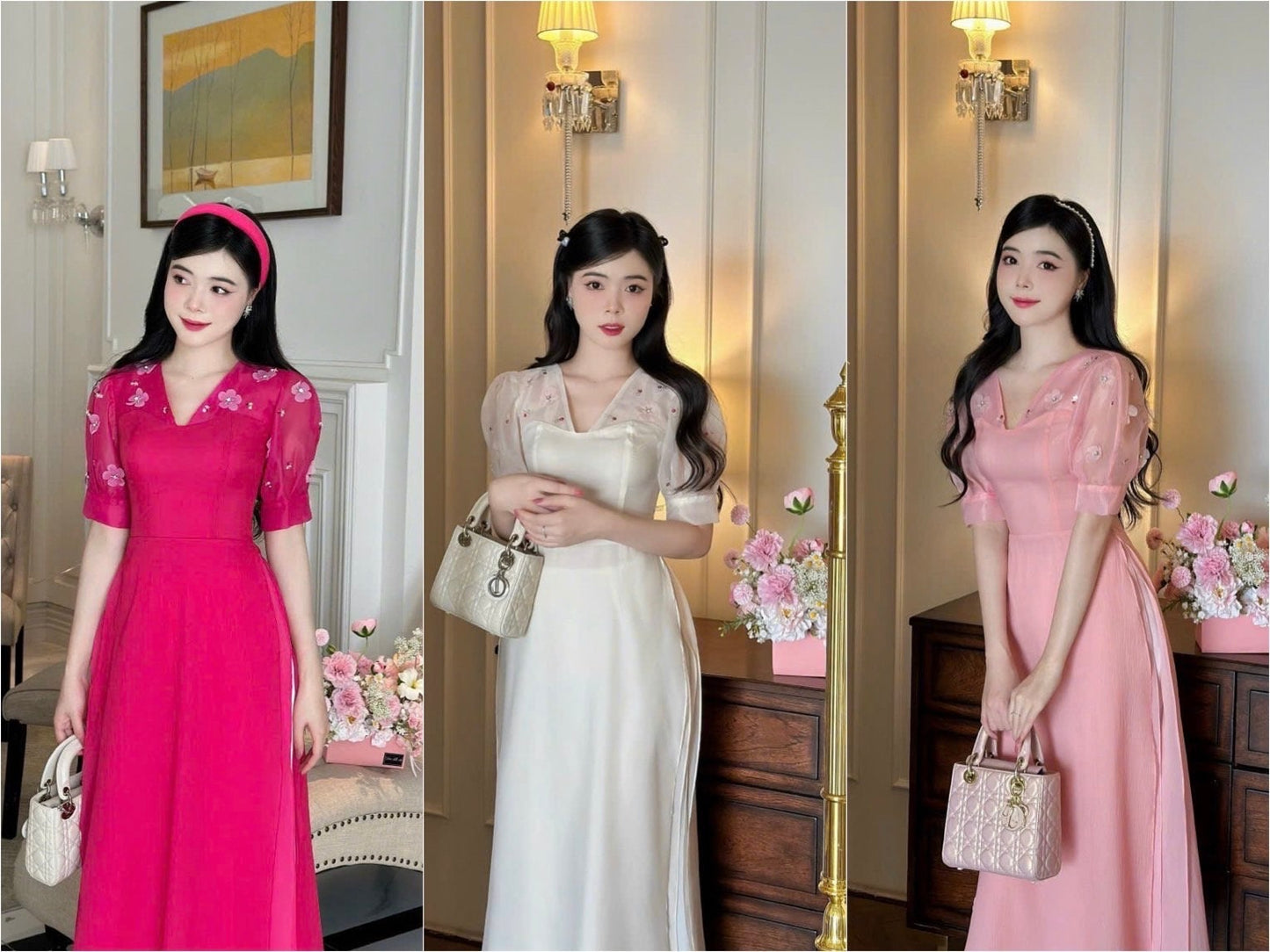 V-Neck Sparkle Ao Dai Set (3 Colors) |Pre-made Modernized Vietnamese Ao Dai | Lunar New Year| Ao Dai Cach Tan With Pants|