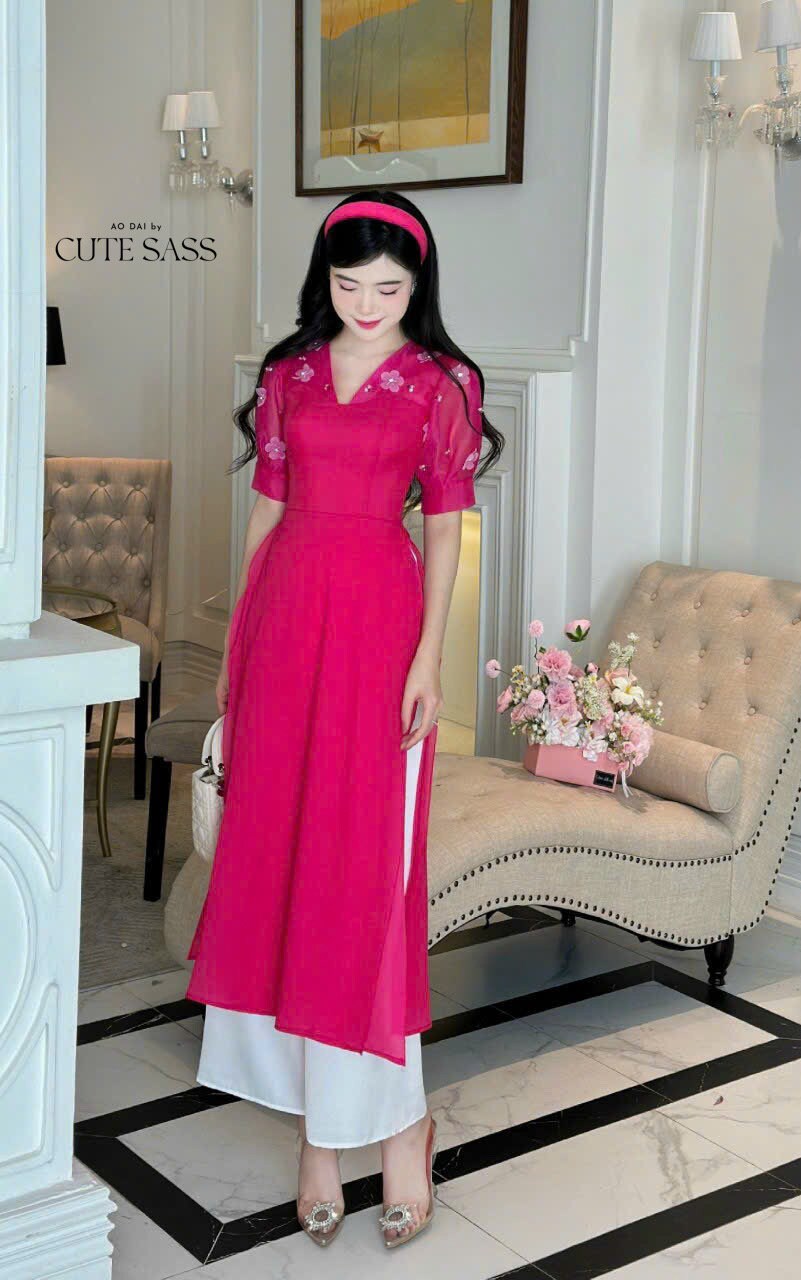 V-Neck Sparkle Ao Dai Set (3 Colors) |Pre-made Modernized Vietnamese Ao Dai | Lunar New Year| Ao Dai Cach Tan With Pants|