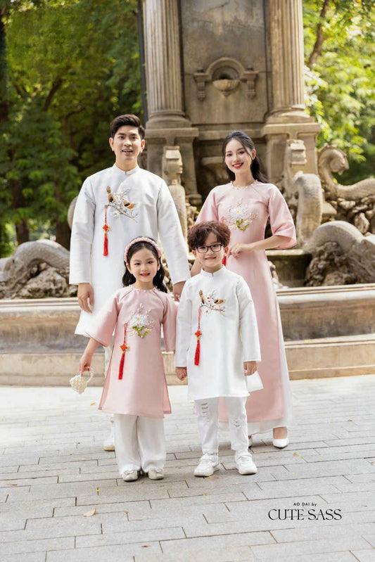 Family White/Pink Ribbon Ao Dai Set| Pre-made Traditional Vietnamese Ao Dai| Lunar New Year | Ao Dai for Girl, Mom, Dad, Boy | Ao Dai Tet|