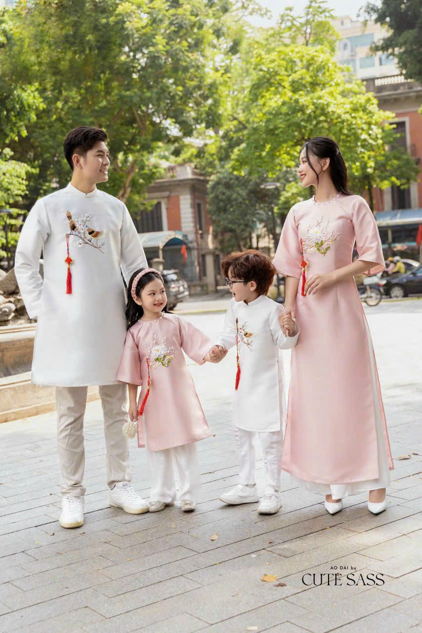 Family White/Pink Ribbon Ao Dai Set| Pre-made Traditional Vietnamese Ao Dai| Lunar New Year | Ao Dai for Girl, Mom, Dad, Boy | Ao Dai Tet|