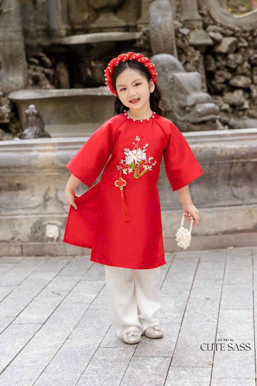 Family Red Ribbon Ao Dai Set (No Headband)| Pre-made Vietnamese Ao Dai| Lunar New Year | Ao Dai for Girl, Mom, Dad, Boy | Ao Dai Tet|