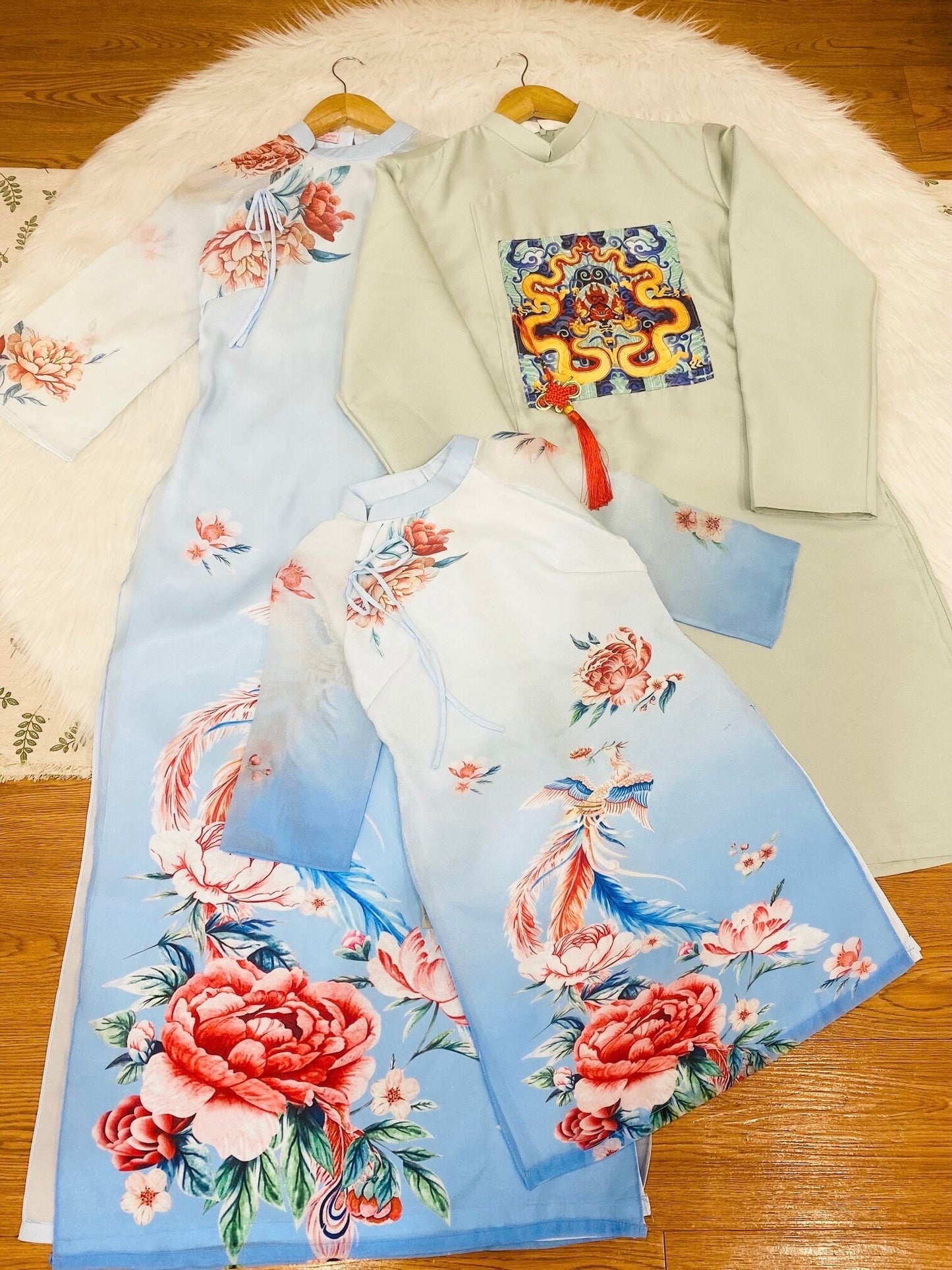 Family Printed Blue Ao Dai Set | Pre-made Vietnamese Ao Dai| Lunar New Year | Ao Dai for Girl, Mom, Dad, Boy | Ao Dai Tet|