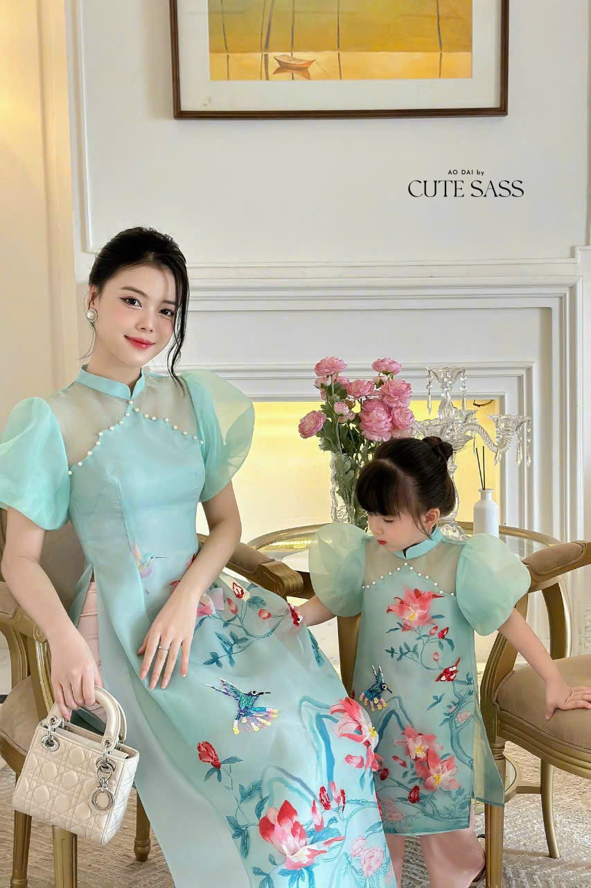 Mom and Daughter Blue Pearls Ao Dai Set| Pre-made Traditional Vietnamese Ao Dai | Lunar New Year | Ao Dai for Girl, Mom|