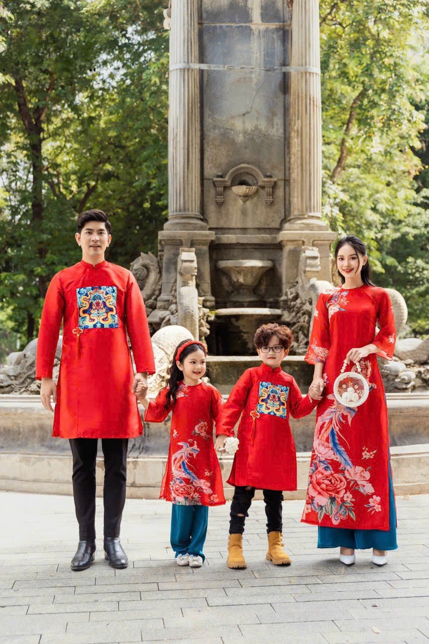 Family Printed Red Ao Dai Set (No Tassels) 39B
