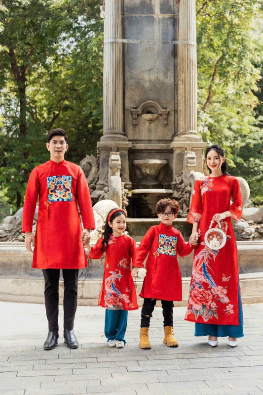 Family Printed Red Ao Dai Set | Pre-made Vietnamese Ao Dai| Lunar New Year | Ao Dai for Girl, Mom, Dad, Boy | Ao Dai Tet|M