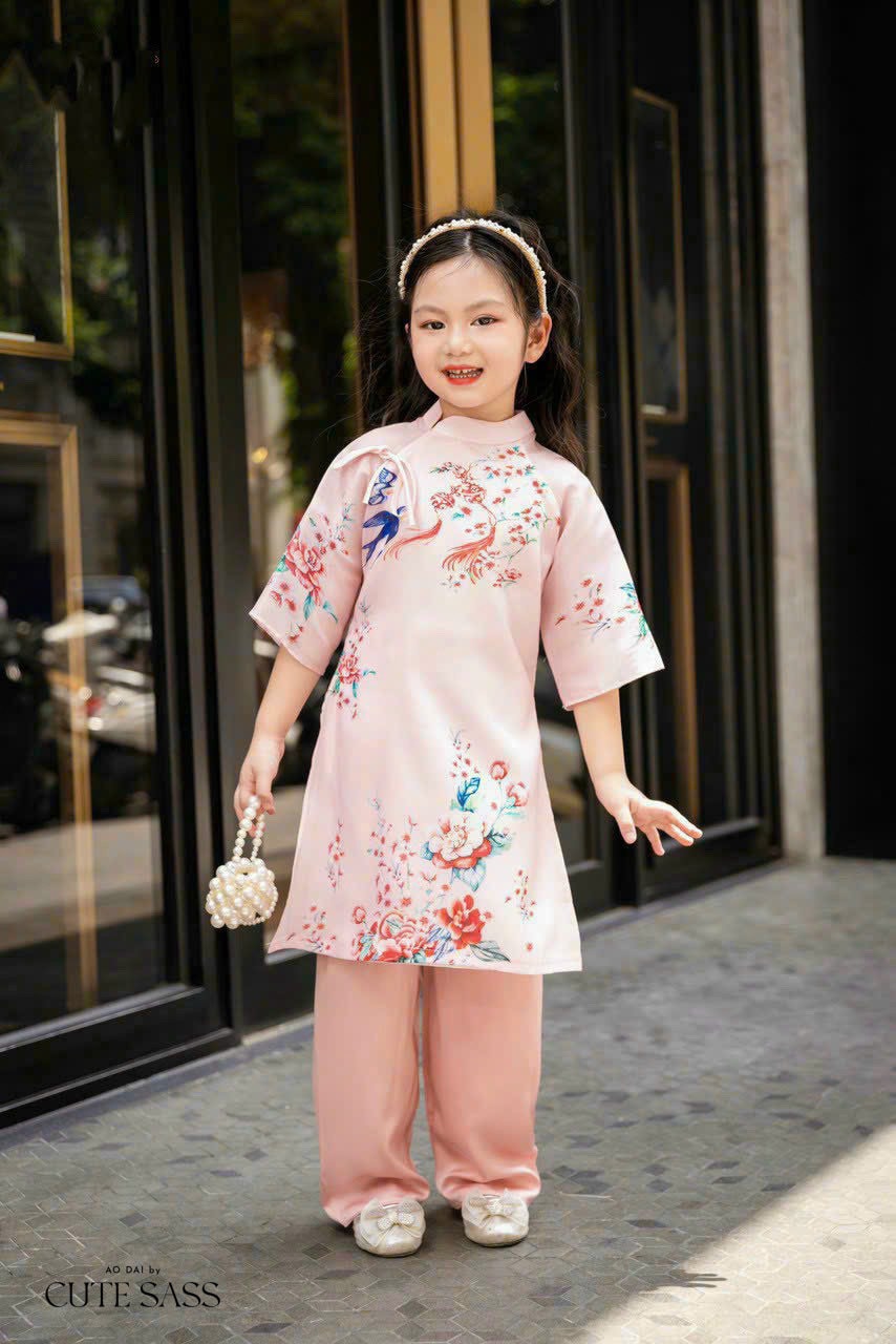 Mom and Daughter Pink Printed Ao Dai Set| Pre-made Traditional Vietnamese Ao Dai| Lunar New Year | Ao Dai for Girl, Mom |Ao Dai Tet|I4