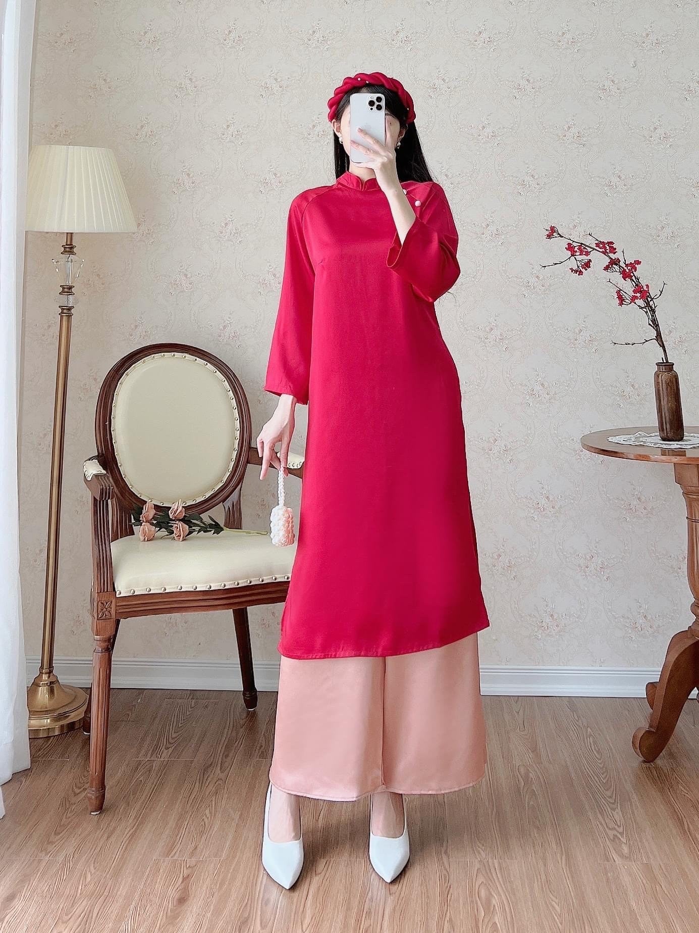 Shifted Red/Orange Ao Dai Set (No Headband) | Pre-made Vietnamese Ao Dai| Women Ao Dai with Pants | Lunar New Year| Ao Dai Truyen Thong
