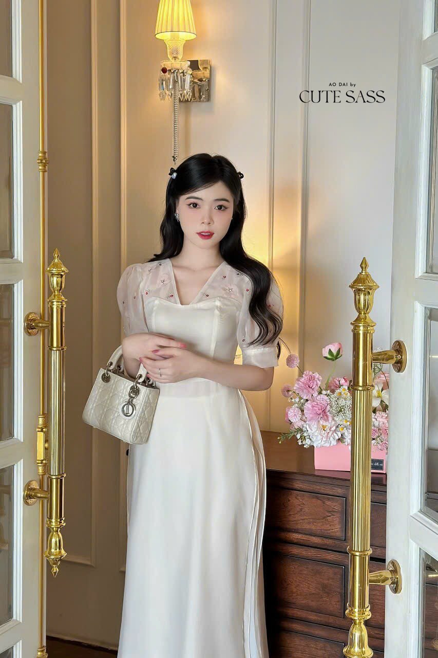 V-Neck Sparkle Ao Dai Set (3 Colors) |Pre-made Modernized Vietnamese Ao Dai | Lunar New Year| Ao Dai Cach Tan With Pants|