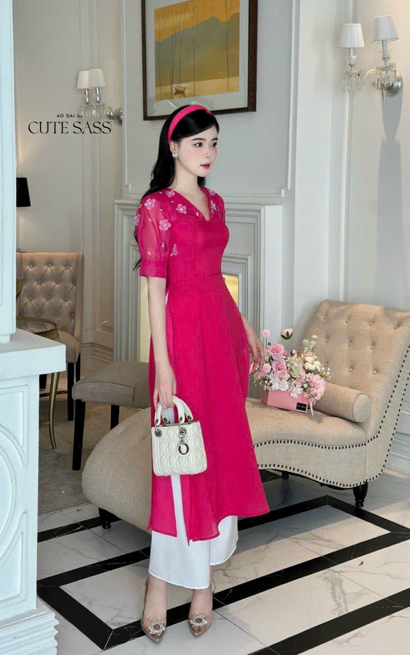 V-Neck Sparkle Ao Dai Set (3 Colors) |Pre-made Modernized Vietnamese Ao Dai | Lunar New Year| Ao Dai Cach Tan With Pants|