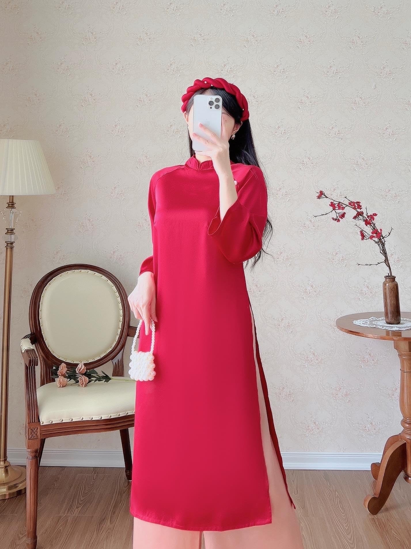 Shifted Red/Orange Ao Dai Set (No Headband) | Pre-made Vietnamese Ao Dai| Women Ao Dai with Pants | Lunar New Year| Ao Dai Truyen Thong