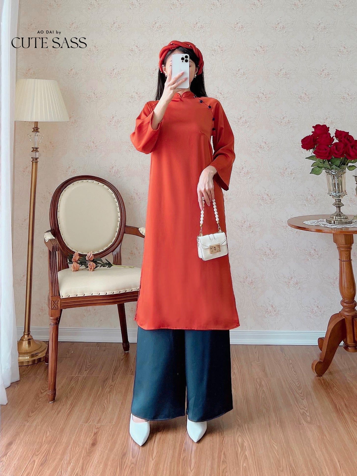 Shifted Red/Orange Ao Dai Set (No Headband) | Pre-made Vietnamese Ao Dai| Women Ao Dai with Pants | Lunar New Year| Ao Dai Truyen Thong