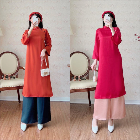 Shifted Red/Orange Ao Dai Set (No Headband) | Pre-made Vietnamese Ao Dai| Women Ao Dai with Pants | Lunar New Year| Ao Dai Truyen Thong