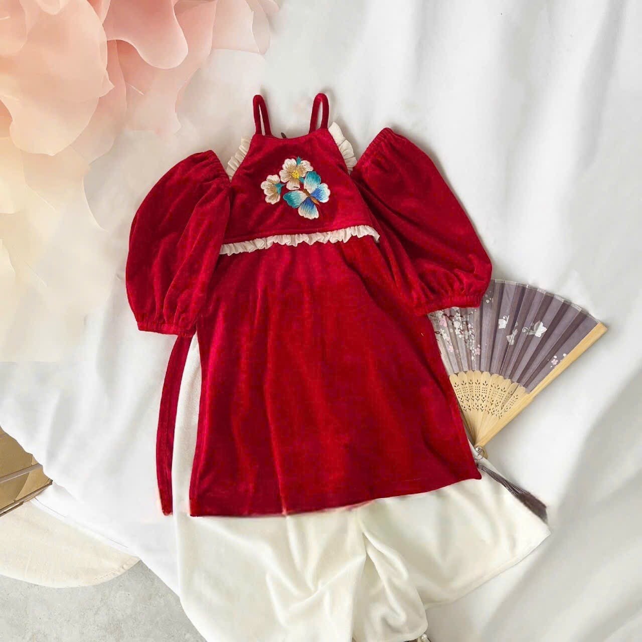 Girl Halter Velvet Ao Dai Set (Red, Pink) | Pre-made Traditional Vietnamese Ao Dai| Lunar New Year | Ao Dai for Girl | Ao Dai Tet |
