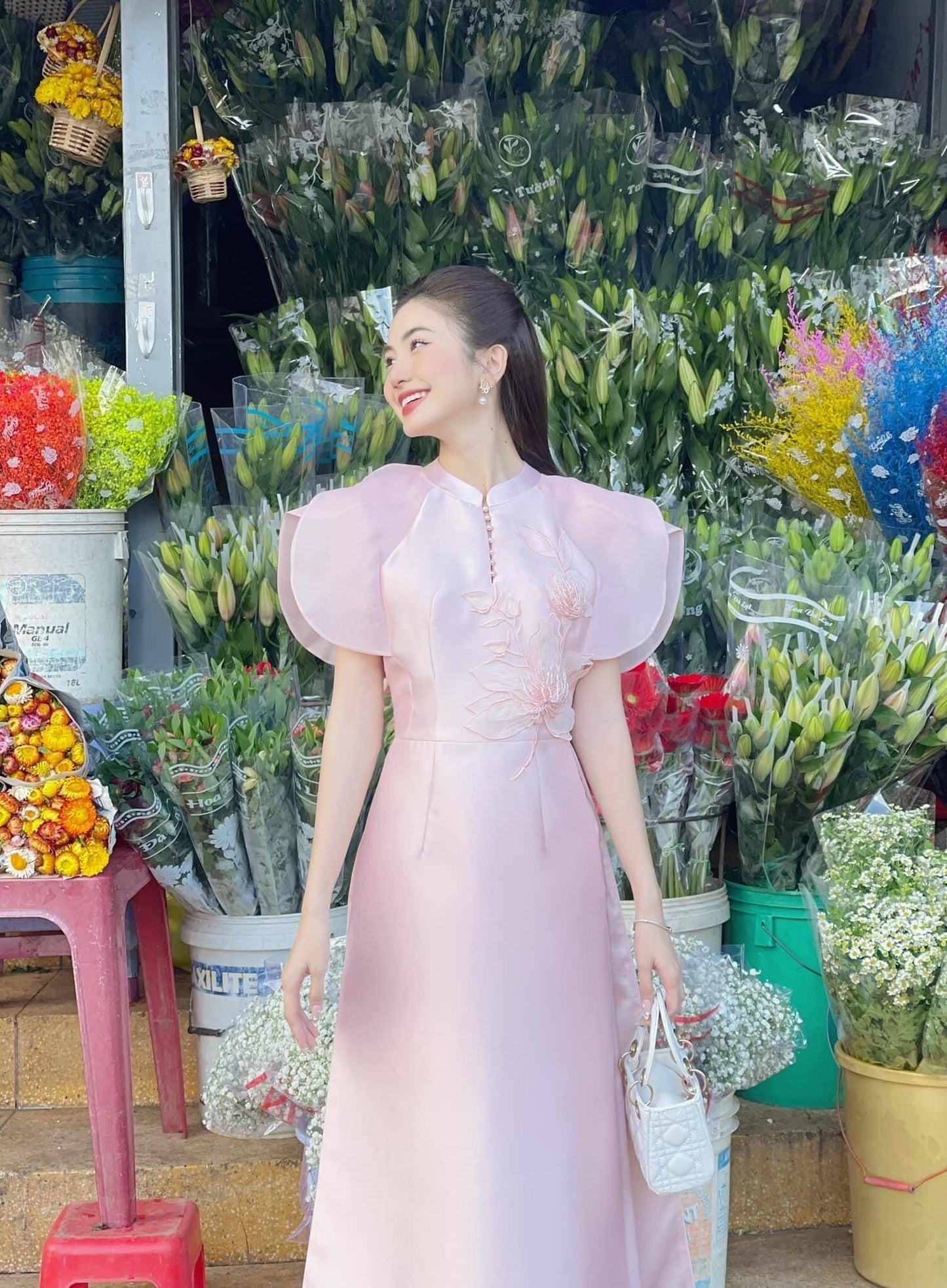 Pink Blooming Cereus Ao Dai Set | Pre-made Modernized Vietnamese Ao Dai| Women Ao Dai with Pants| Lunar New Year| Ao Dai Cach Tan|B2