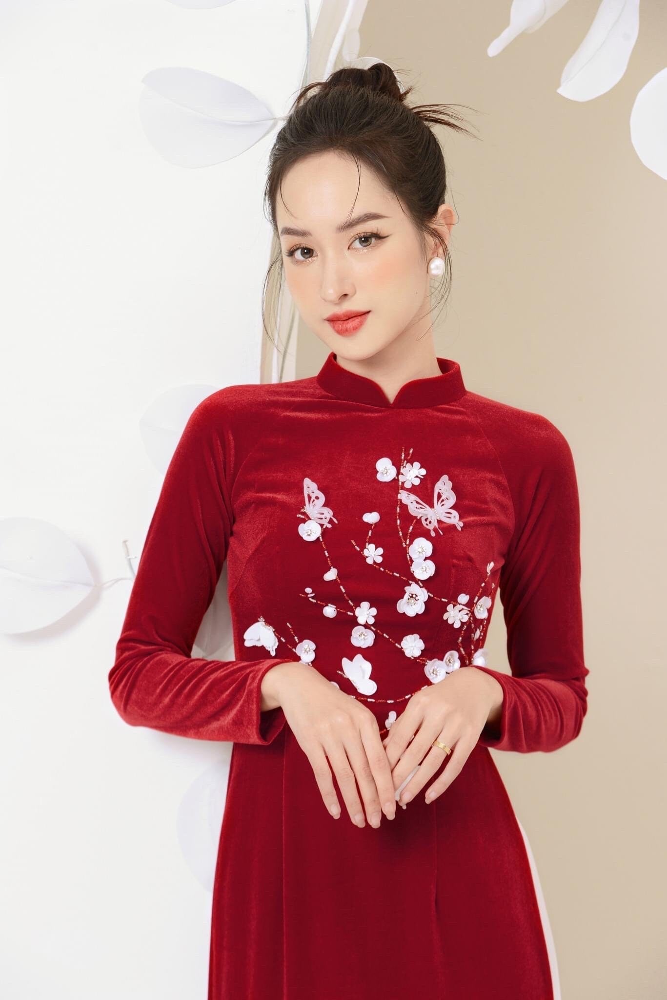 Nhung Anh - Red Velvet Butterflies Ao Dai Set| Pre-made Traditional Vietnamese Ao Dai| Lunar New Year|Ao Dai for Girl, Mom |Ao Dai Tet|