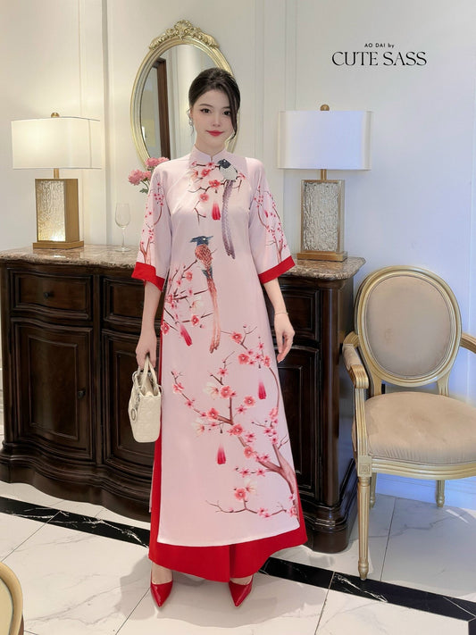 Phi Yen - Light Pink Ao Dai Set | Pre-made Traditional Vietnamese Ao Dai| Women Ao Dai with Pants | Lunar New Year| Ao Dai Truyen Thong|