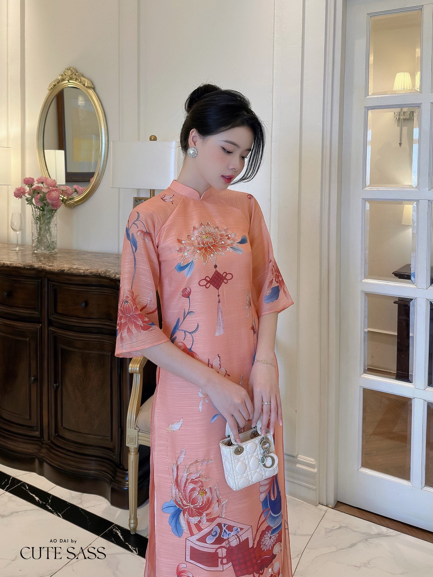 Hoa Vien - Coral Ao Dai Set | Pre-made Traditional Vietnamese Ao Dai| Women Ao Dai with Pants | Lunar New Year| Ao Dai Truyen Thong|