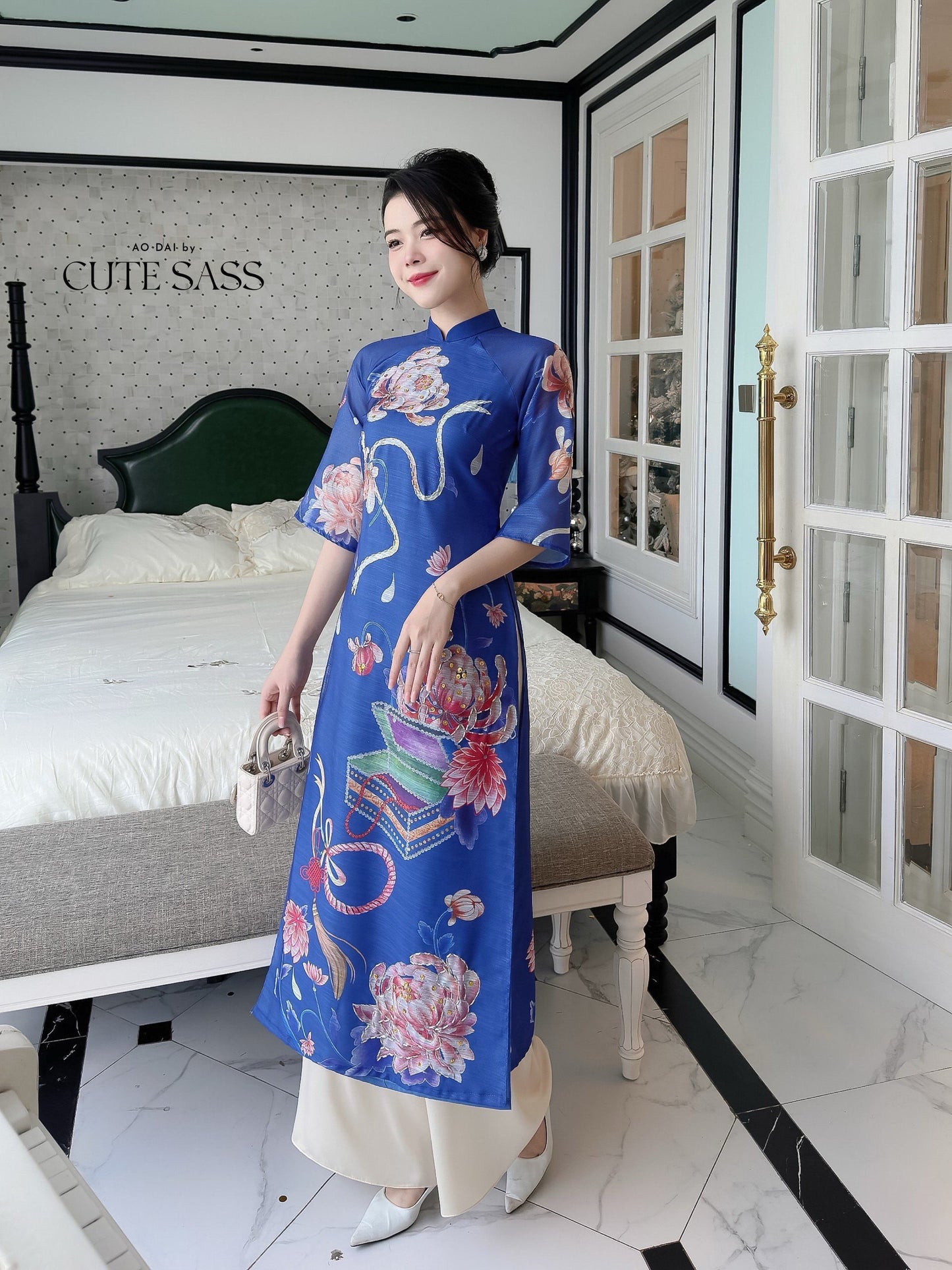Hoa Vien - Blue Ao Dai Set | Pre-made Traditional Vietnamese Ao Dai| Women Ao Dai with Pants | Lunar New Year| Ao Dai Truyen Thong|